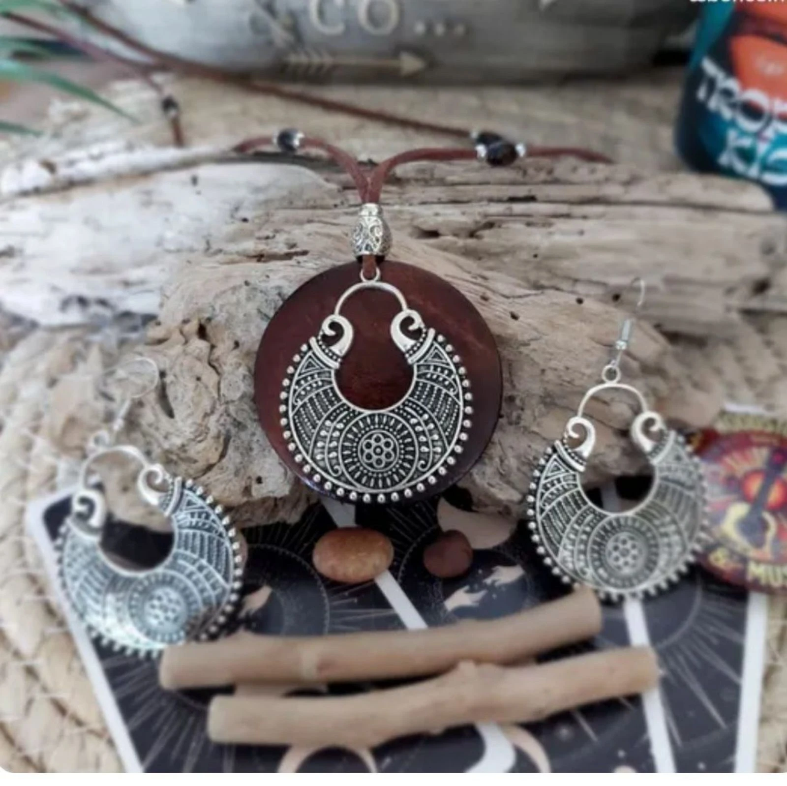 Conjunto boêmio étnico de círculo, madeira chocolate, colar longo com várias contas – photo 10